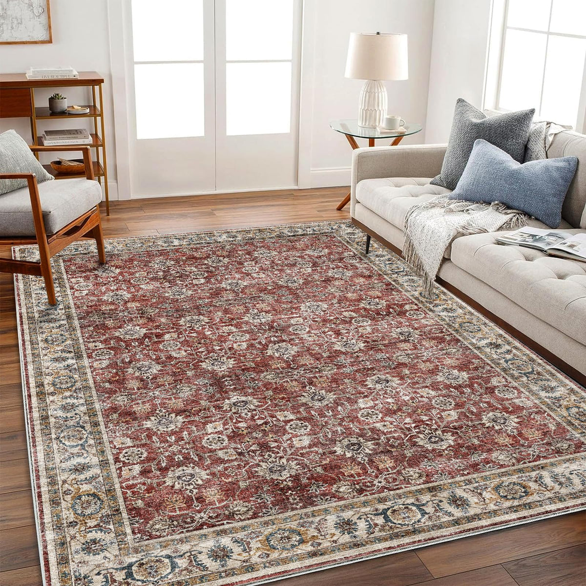 CHAMPLANT Area Rug 4x6 Washable Rug Gray Vintage Traditional Floor Cover Foldable Thin Retro Accent Indoor Distressed Non Slip Carpet Floral Print Mat Bedroom Living Room Bathroom