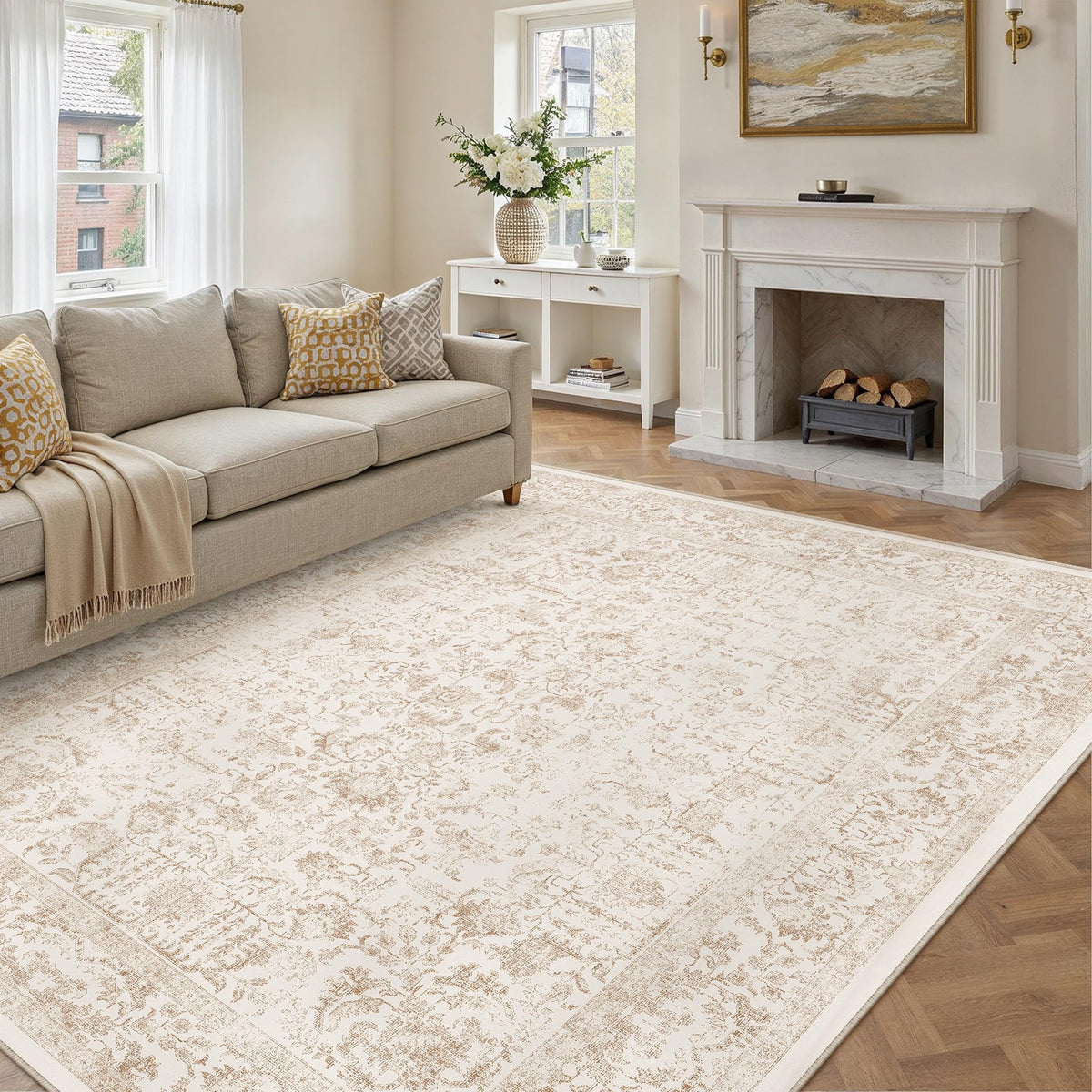 PureCozy Beige Area Rug 5x7 Vintage Farmhouse Floral