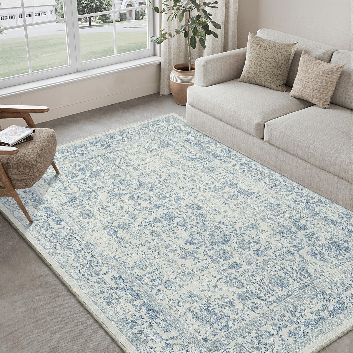 PureCozy Beige Area Rug 5x7 Vintage Farmhouse Floral
