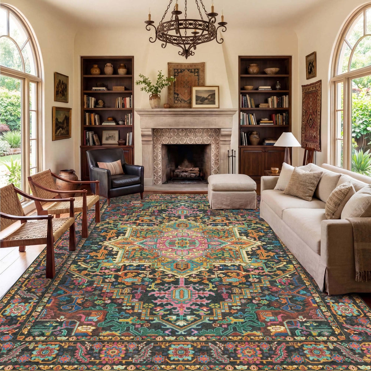 Kokia 9x12 Washable Area Rugs Maroon with Vintage Orient Design, Soft Rug for Living Room or Bedroom, Non-Slip Low Pile Stain Resistance Features, Distressed Medallion Pattern