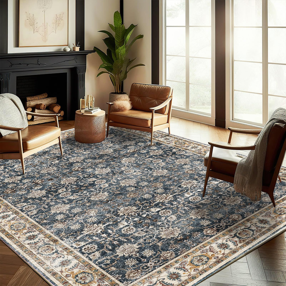 CHAMPLANT Area Rug 4x6 Washable Rug Gray Vintage Traditional Floor Cover Foldable Thin Retro Accent Indoor Distressed Non Slip Carpet Floral Print Mat Bedroom Living Room Bathroom