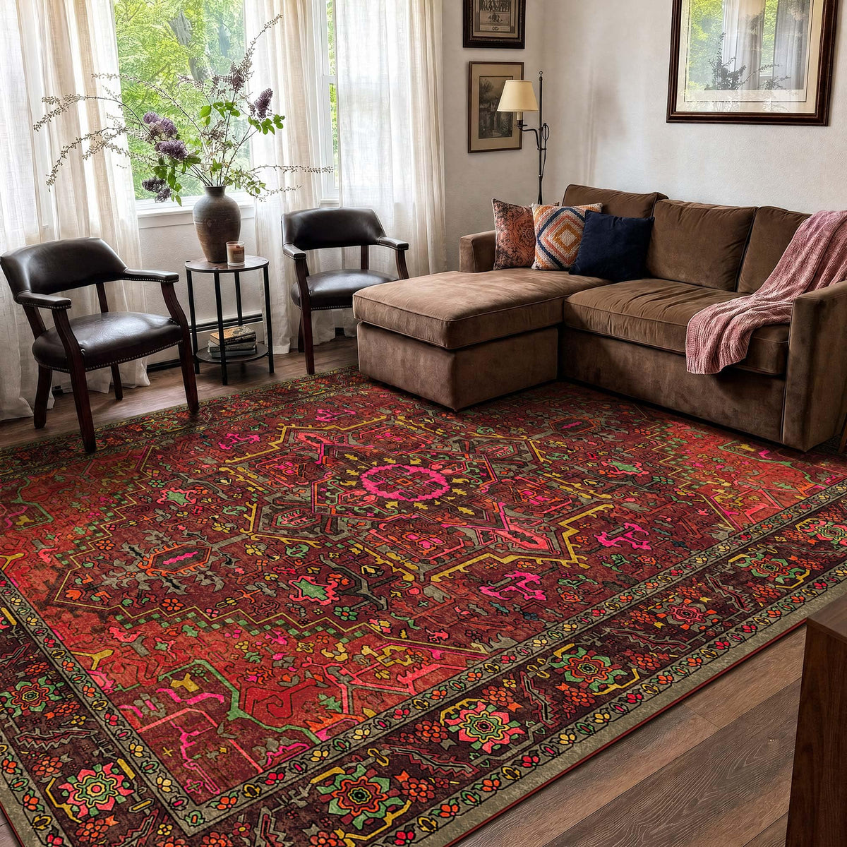 Kokia 9x12 Washable Area Rugs Maroon with Vintage Orient Design, Soft Rug for Living Room or Bedroom, Non-Slip Low Pile Stain Resistance Features, Distressed Medallion Pattern