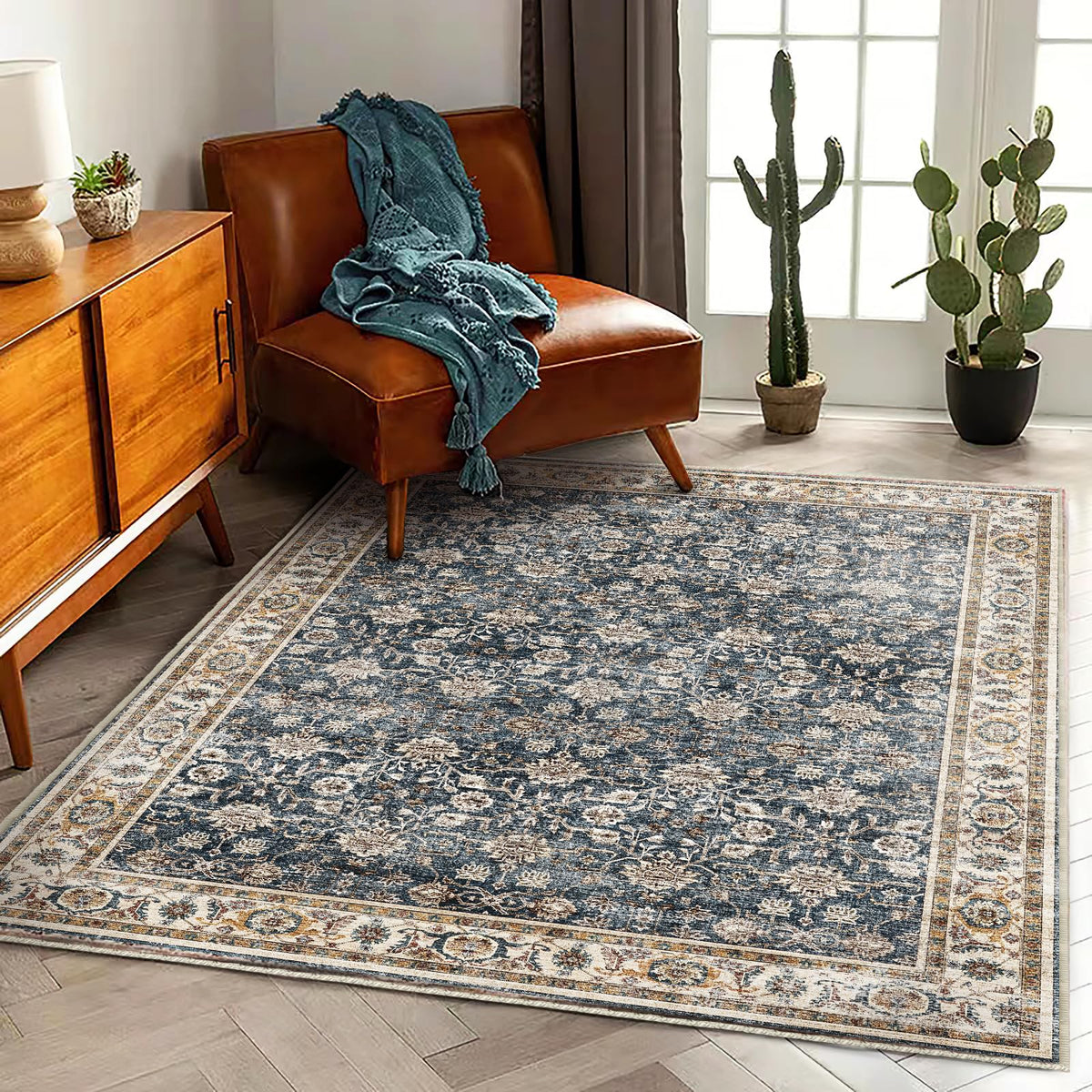 CHAMPLANT Area Rug 4x6 Washable Rug Gray Vintage Traditional Floor Cover Foldable Thin Retro Accent Indoor Distressed Non Slip Carpet Floral Print Mat Bedroom Living Room Bathroom