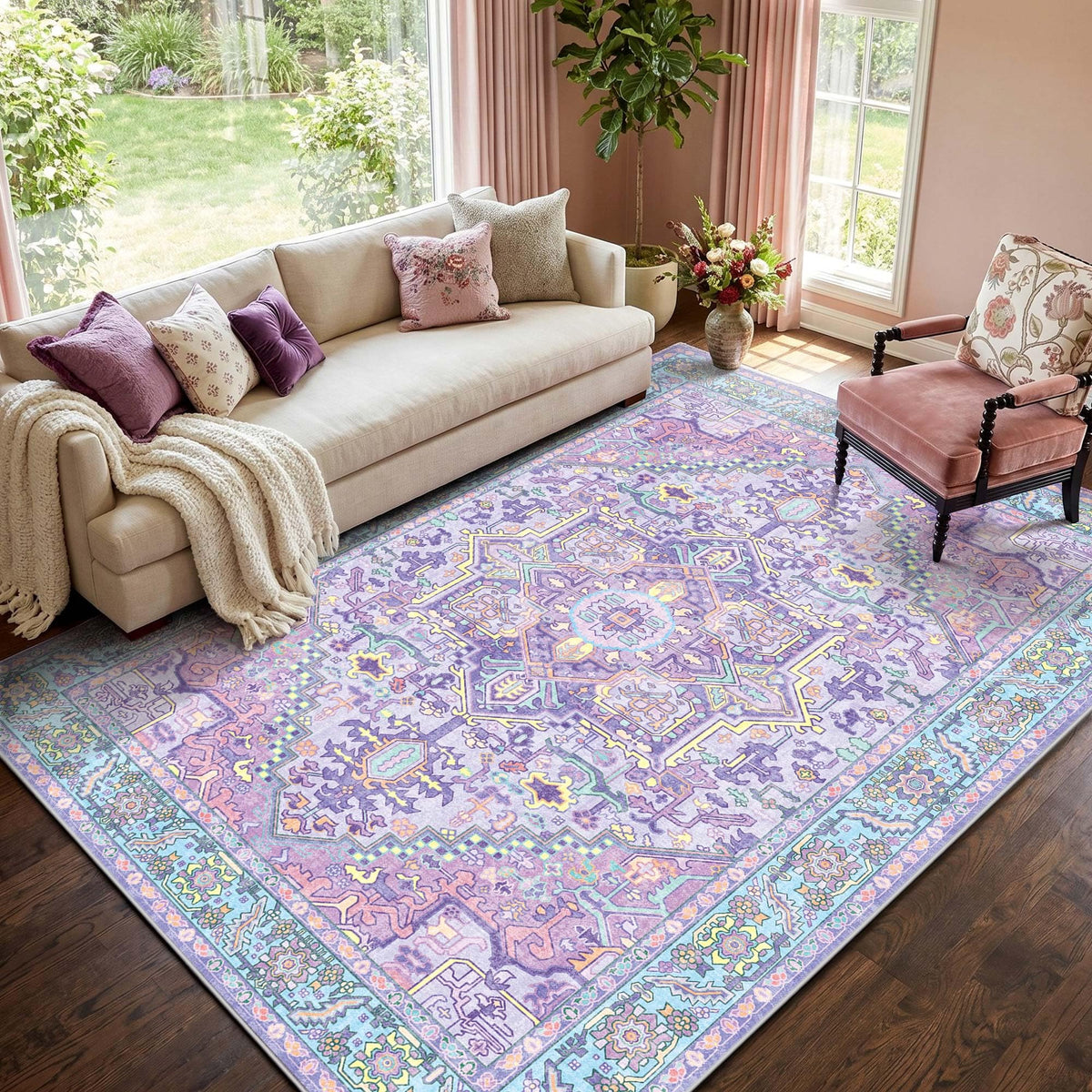 Kokia 9x12 Washable Area Rugs Maroon with Vintage Orient Design, Soft Rug for Living Room or Bedroom, Non-Slip Low Pile Stain Resistance Features, Distressed Medallion Pattern