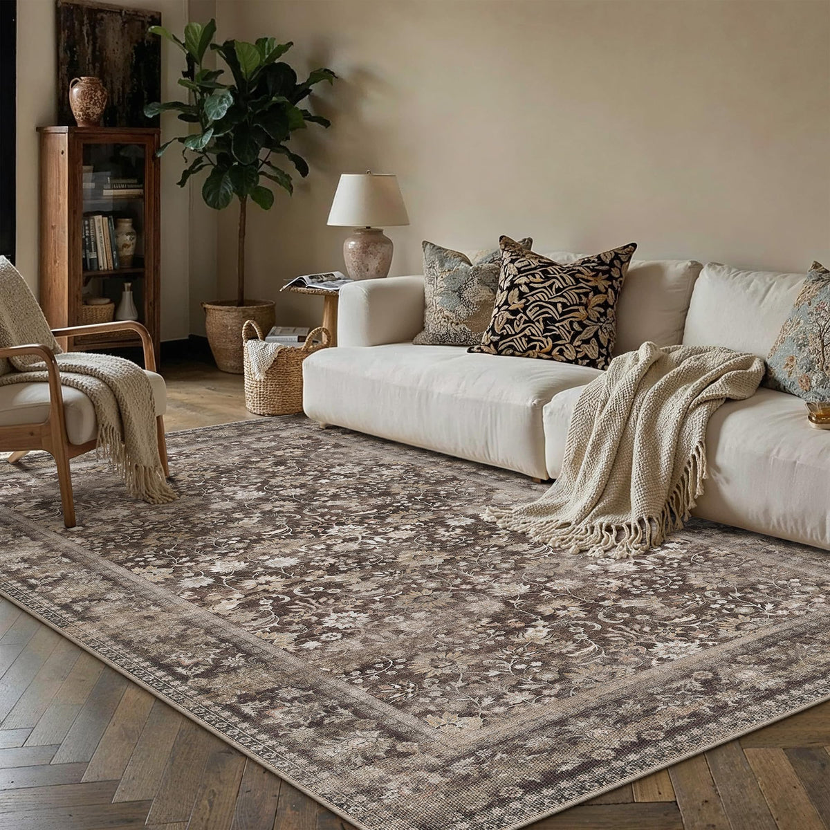 HUGEAR 2x6 Brown Vintage Floral Washable Runner Rug for Hallway