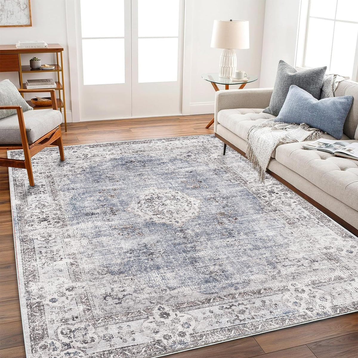 CHAMPLANT Area Rug 4x6 Washable Rug Gray Vintage Traditional Floor Cover Foldable Thin Retro Accent Indoor Distressed Non Slip Carpet Floral Print Mat Bedroom Living Room Bathroom