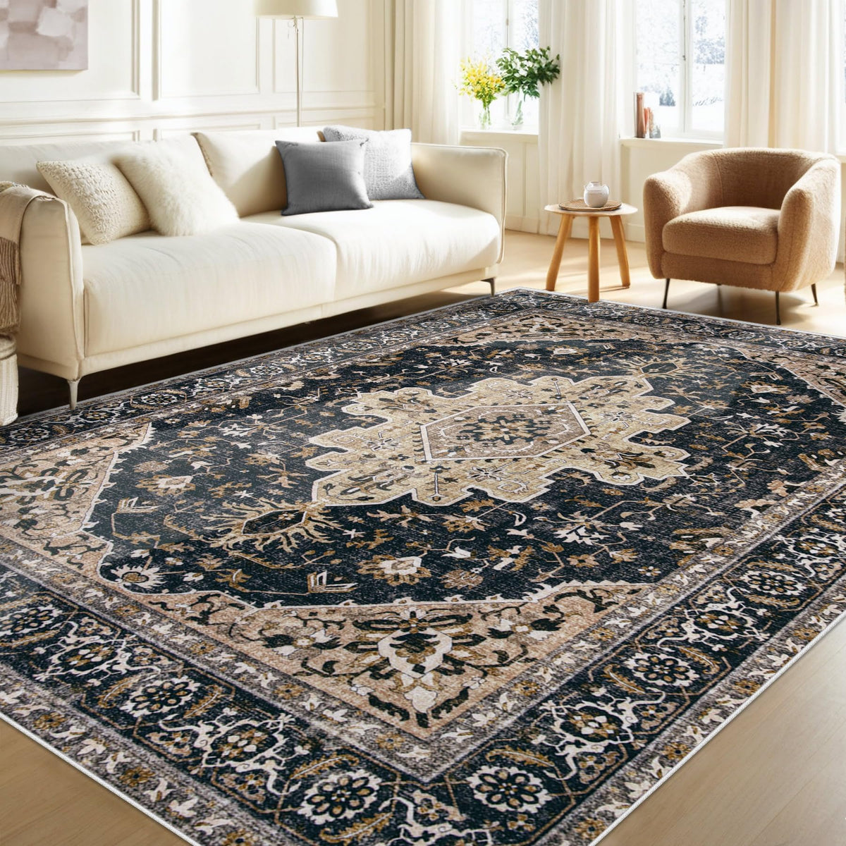 Area Rug 5x7 Vintage Rugs: Washable Living Room Rug Retro Medallion Distressed Large Rug Soft Low Pile Non-Slip Rugs Indoor Floor Carpet for Bedroom Kitchen Nursery Dining Table Office (Beige/Brown)