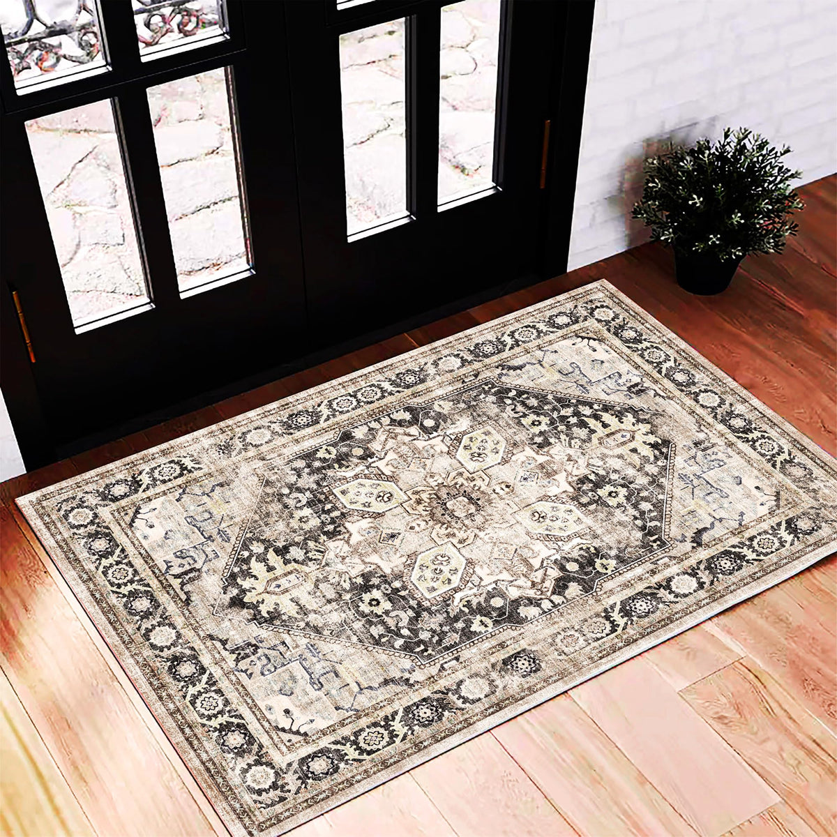 CHAMPLANT Area Rug 4x6 Washable Rug Gray Vintage Traditional Floor Cover Foldable Thin Retro Accent Indoor Distressed Non Slip Carpet Floral Print Mat Bedroom Living Room Bathroom