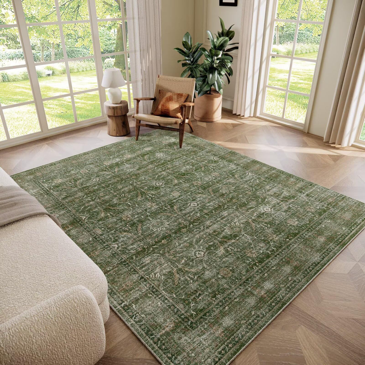 Washable 10x14 Area Rugs for Living Room, Ivory/Sage Gold