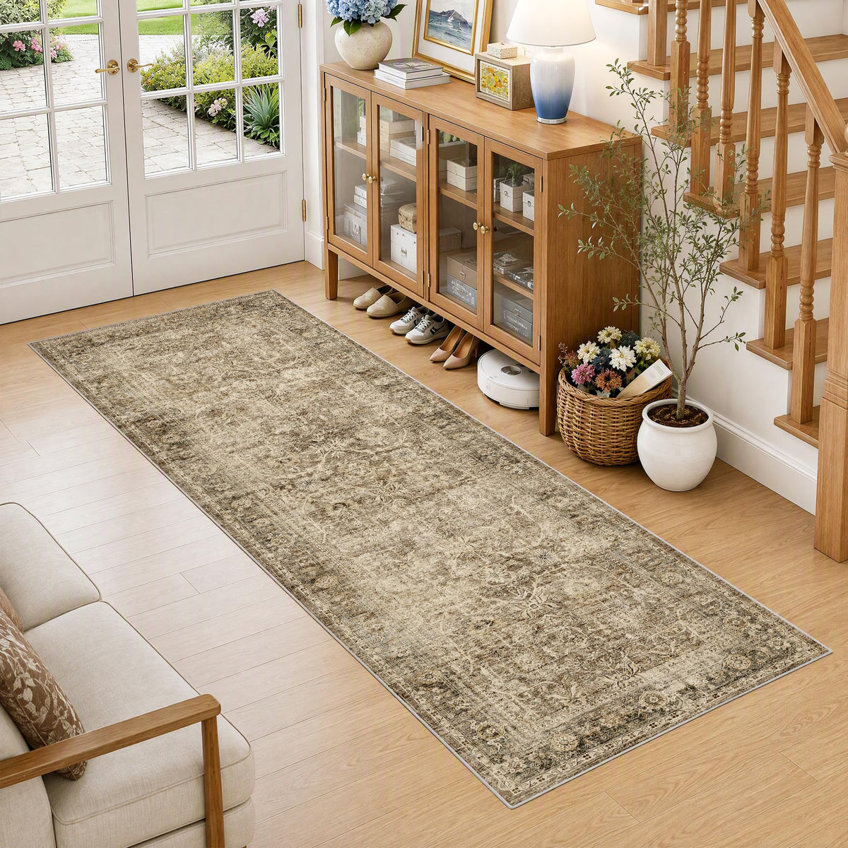 FMFUNCTEX 5x7 Washable Beige Neutral Vintage Retro Area Rug for Living Room