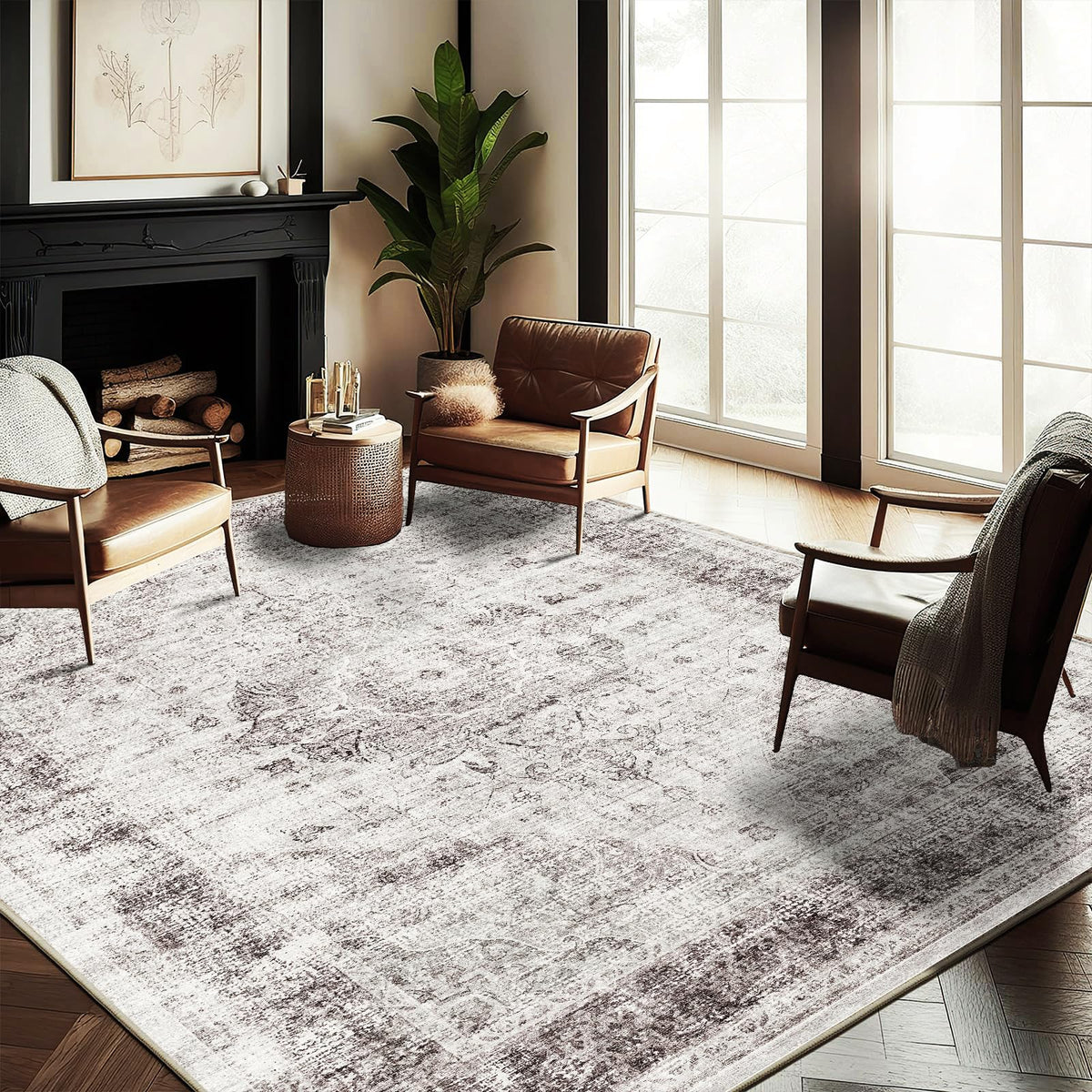 CHAMPLANT Area Rug 4x6 Washable Rug Gray Vintage Traditional Floor Cover Foldable Thin Retro Accent Indoor Distressed Non Slip Carpet Floral Print Mat Bedroom Living Room Bathroom