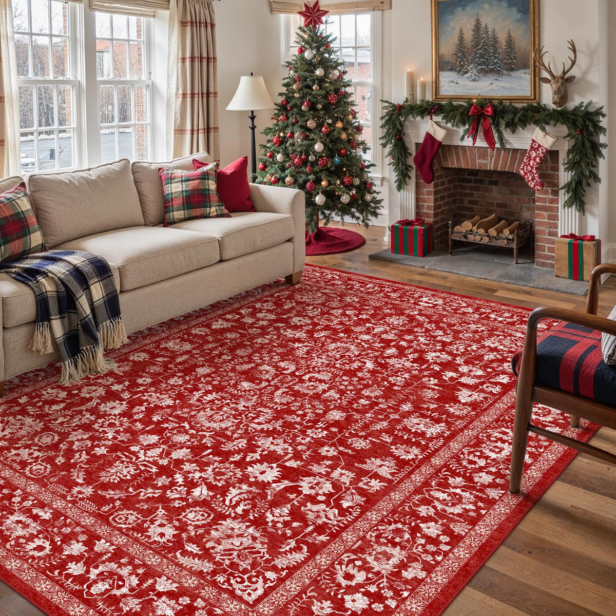 PureCozy Beige Area Rug 5x7 Vintage Farmhouse Floral