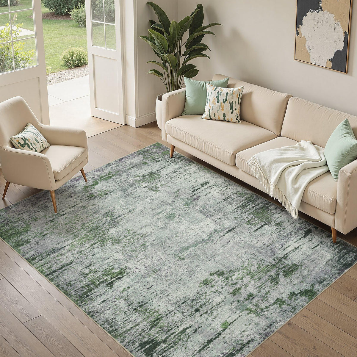 DMOYEST Area Rug Living Room Rugs 5x7 Washable Abstract Beige Blue Carpet