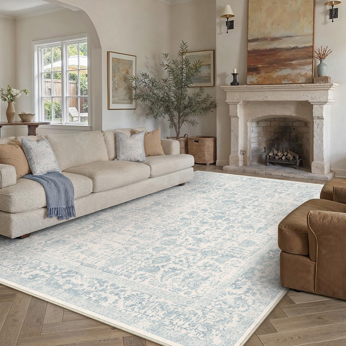 PureCozy Beige Area Rug 5x7 Vintage Farmhouse Floral