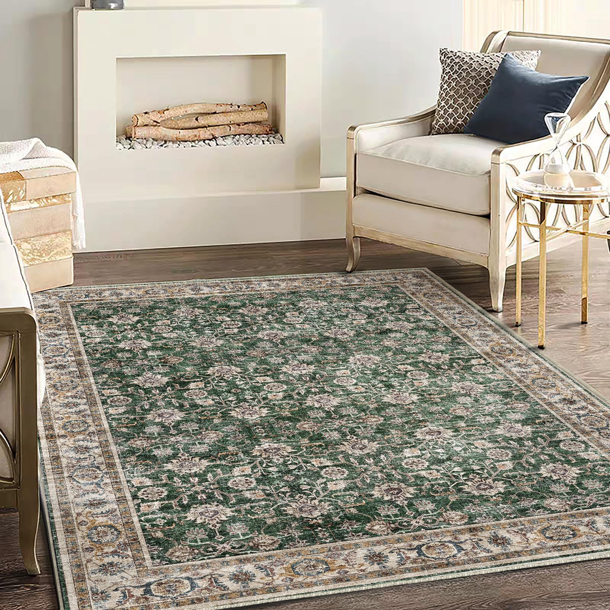 CHAMPLANT Area Rug 4x6 Washable Rug Gray Vintage Traditional Floor Cover Foldable Thin Retro Accent Indoor Distressed Non Slip Carpet Floral Print Mat Bedroom Living Room Bathroom