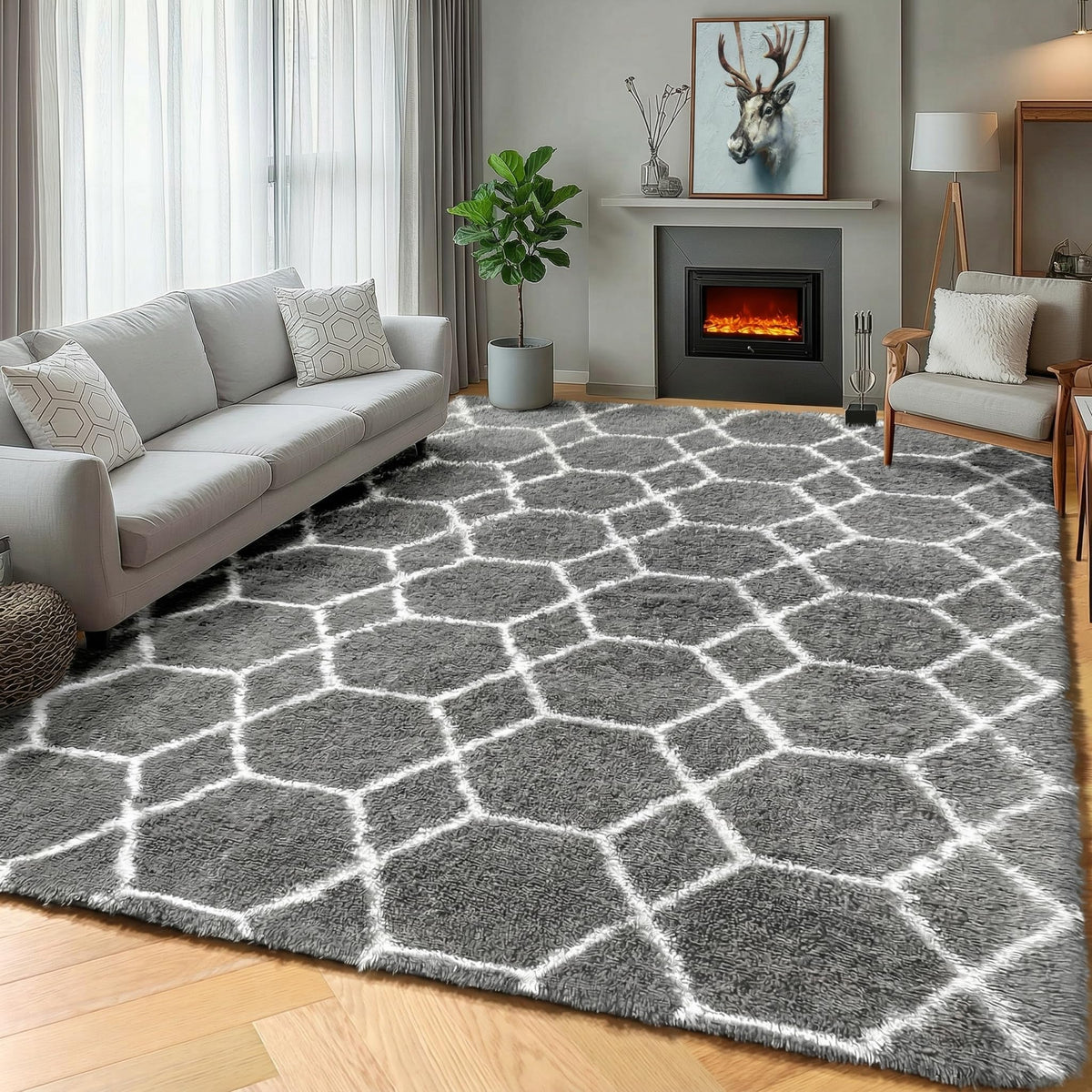 Area Rugs for Bedroom Living Room, 4x6 Fluffy Grey and Black Geometric Rug