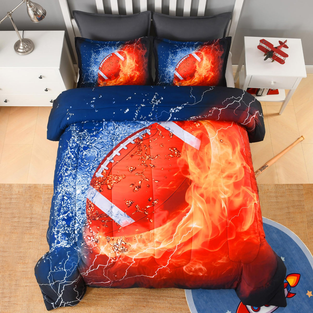 Andency Soccer Comforter Twin(66x90 Inch), 2 Pieces(1 Soccer Comforter, 1 Pillowcase) Blue Flame Soccer Comforter Set Sport Microfiber Bedding Set for Boy Girl Kids, Teen