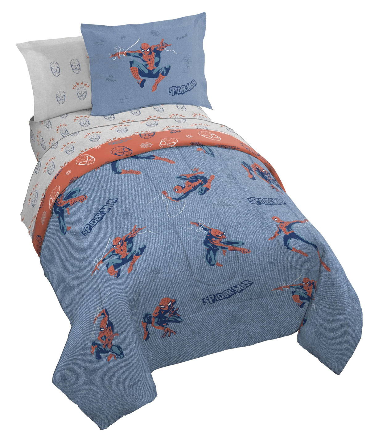 Marvel Spiderman Full Comforter Set 7 Piece Bedding for Boys, Blue