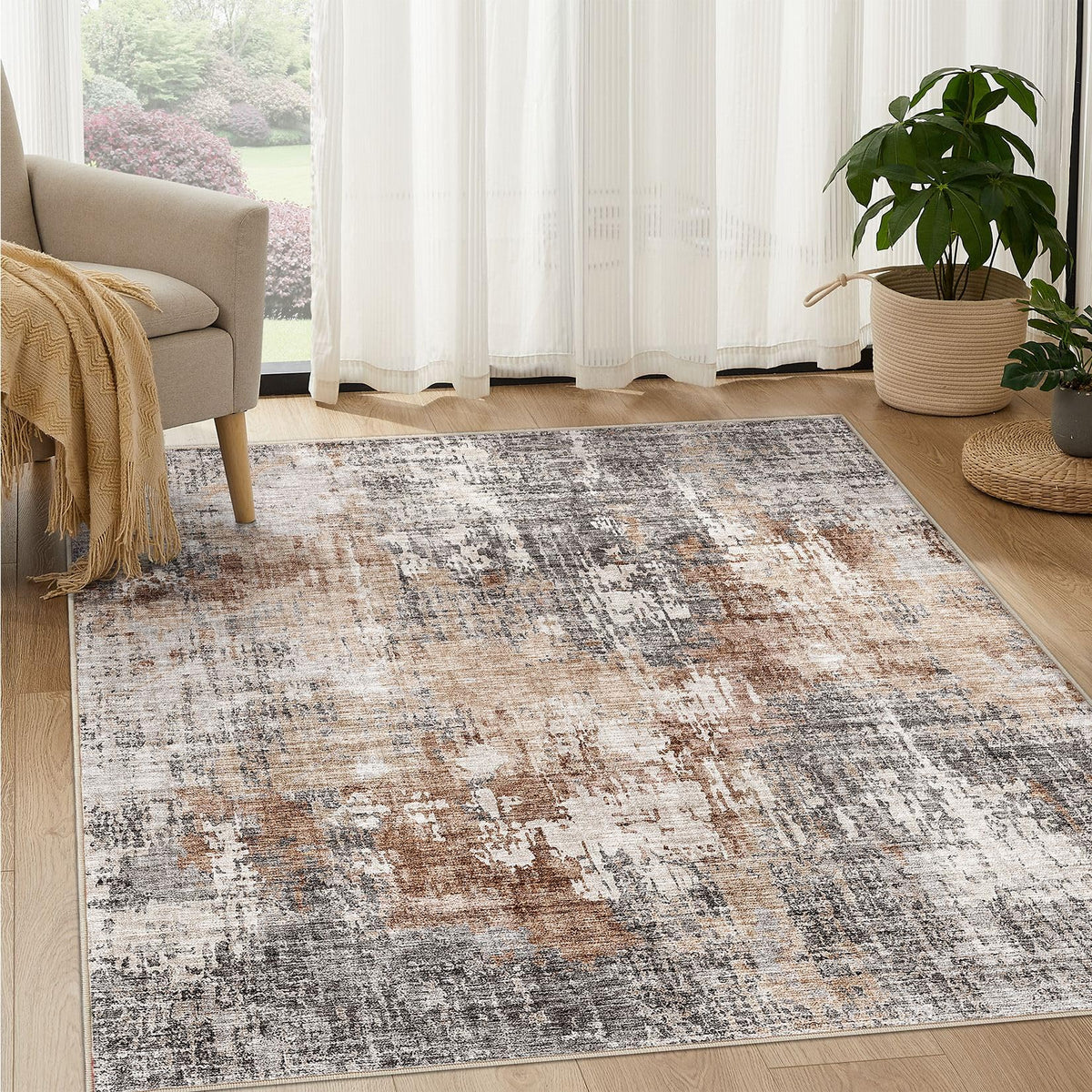 DMOYEST Area Rug Living Room Rugs 5x7 Washable Abstract Beige Blue Carpet