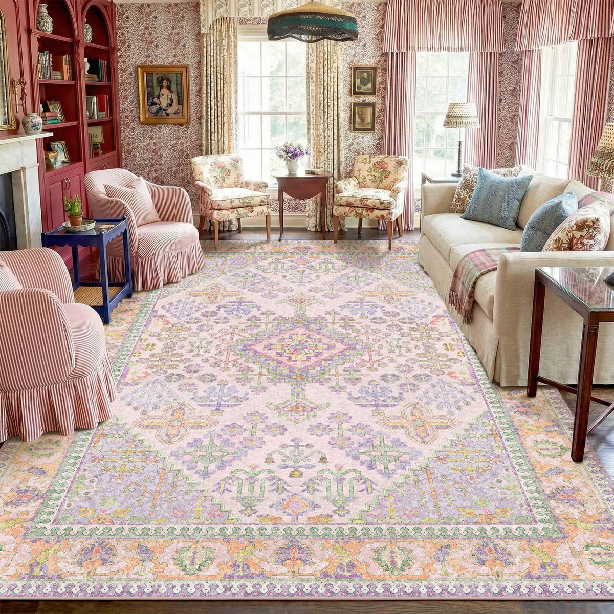 Kokia 9x12 Washable Area Rugs Maroon with Vintage Orient Design, Soft Rug for Living Room or Bedroom, Non-Slip Low Pile Stain Resistance Features, Distressed Medallion Pattern