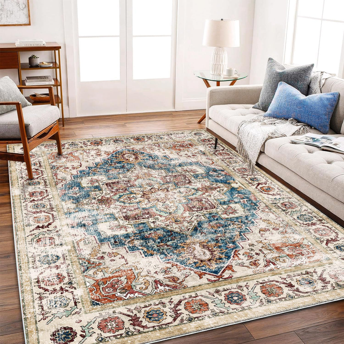CHAMPLANT Area Rug 4x6 Washable Rug Gray Vintage Traditional Floor Cover Foldable Thin Retro Accent Indoor Distressed Non Slip Carpet Floral Print Mat Bedroom Living Room Bathroom