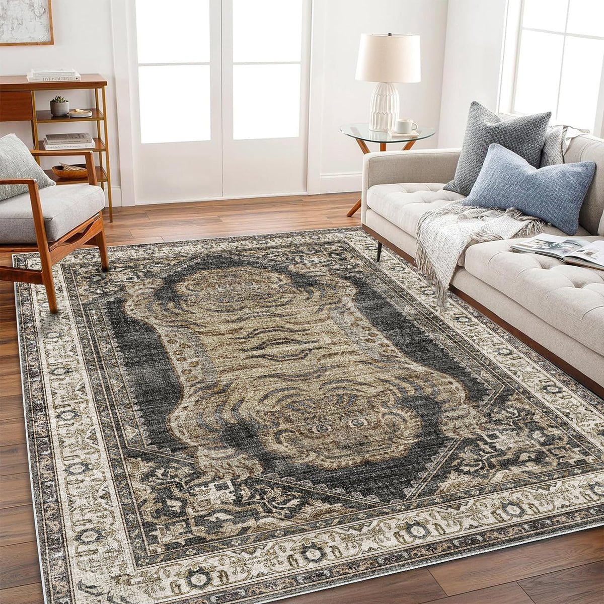 CHAMPLANT Area Rug 4x6 Washable Rug Gray Vintage Traditional Floor Cover Foldable Thin Retro Accent Indoor Distressed Non Slip Carpet Floral Print Mat Bedroom Living Room Bathroom