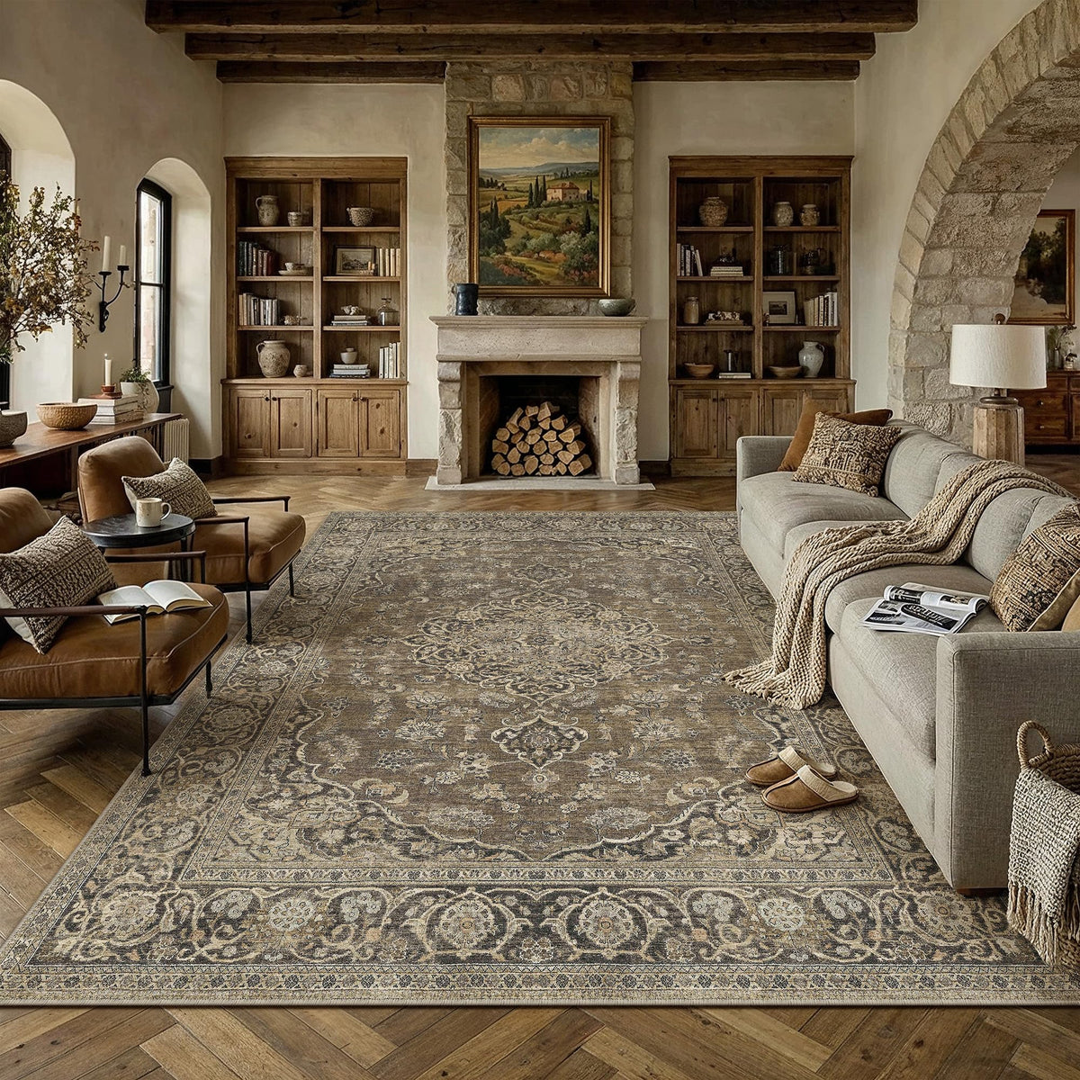PureCozy 5x7 Beige Area Rug for Living Room Vintage Distressed