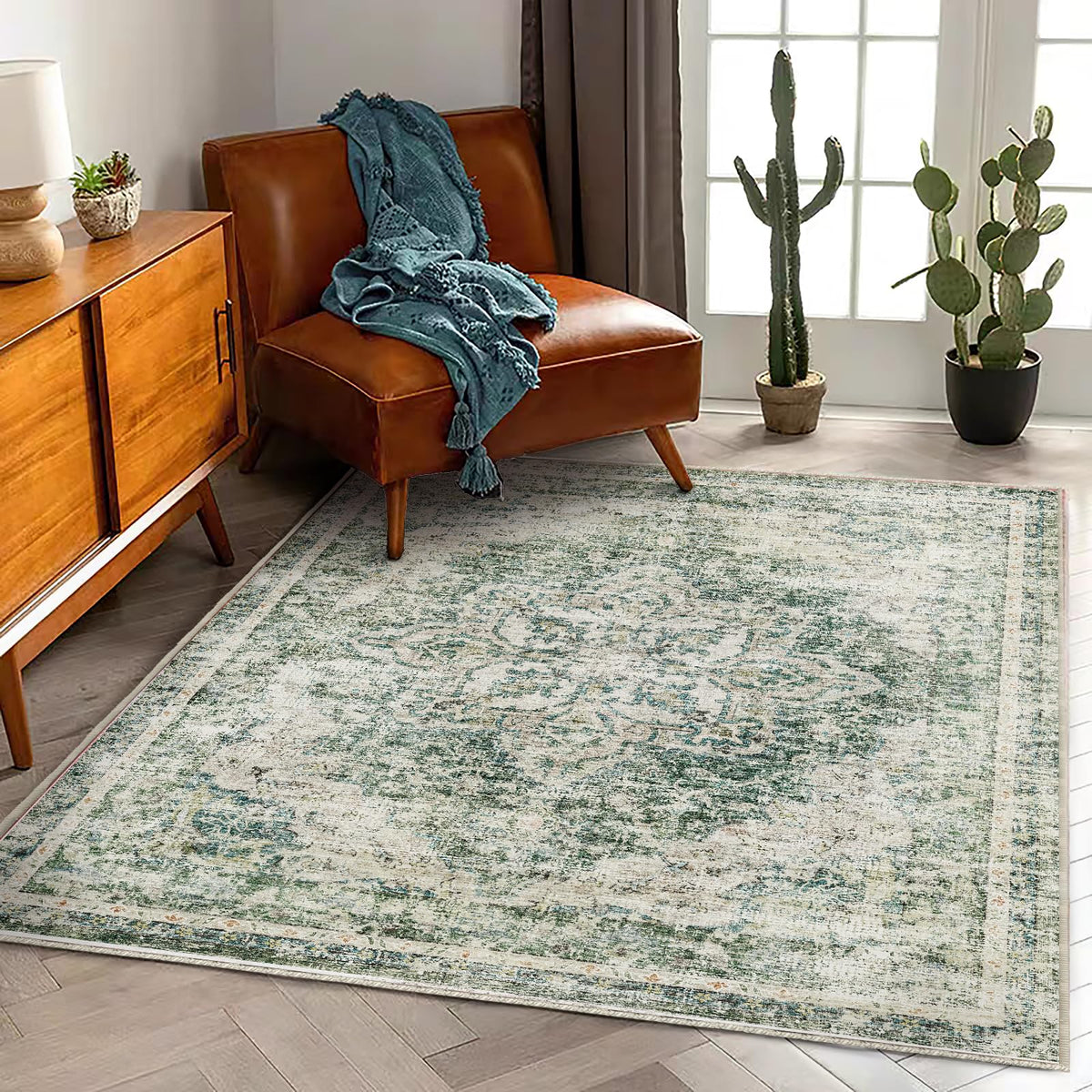 CHAMPLANT Area Rug 4x6 Washable Rug Gray Vintage Traditional Floor Cover Foldable Thin Retro Accent Indoor Distressed Non Slip Carpet Floral Print Mat Bedroom Living Room Bathroom