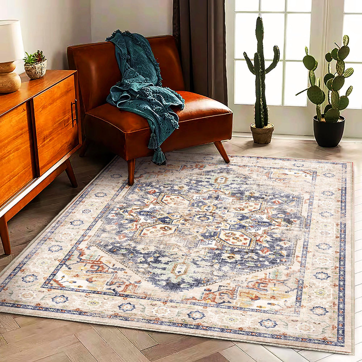 CHAMPLANT Area Rug 4x6 Washable Rug Gray Vintage Traditional Floor Cover Foldable Thin Retro Accent Indoor Distressed Non Slip Carpet Floral Print Mat Bedroom Living Room Bathroom