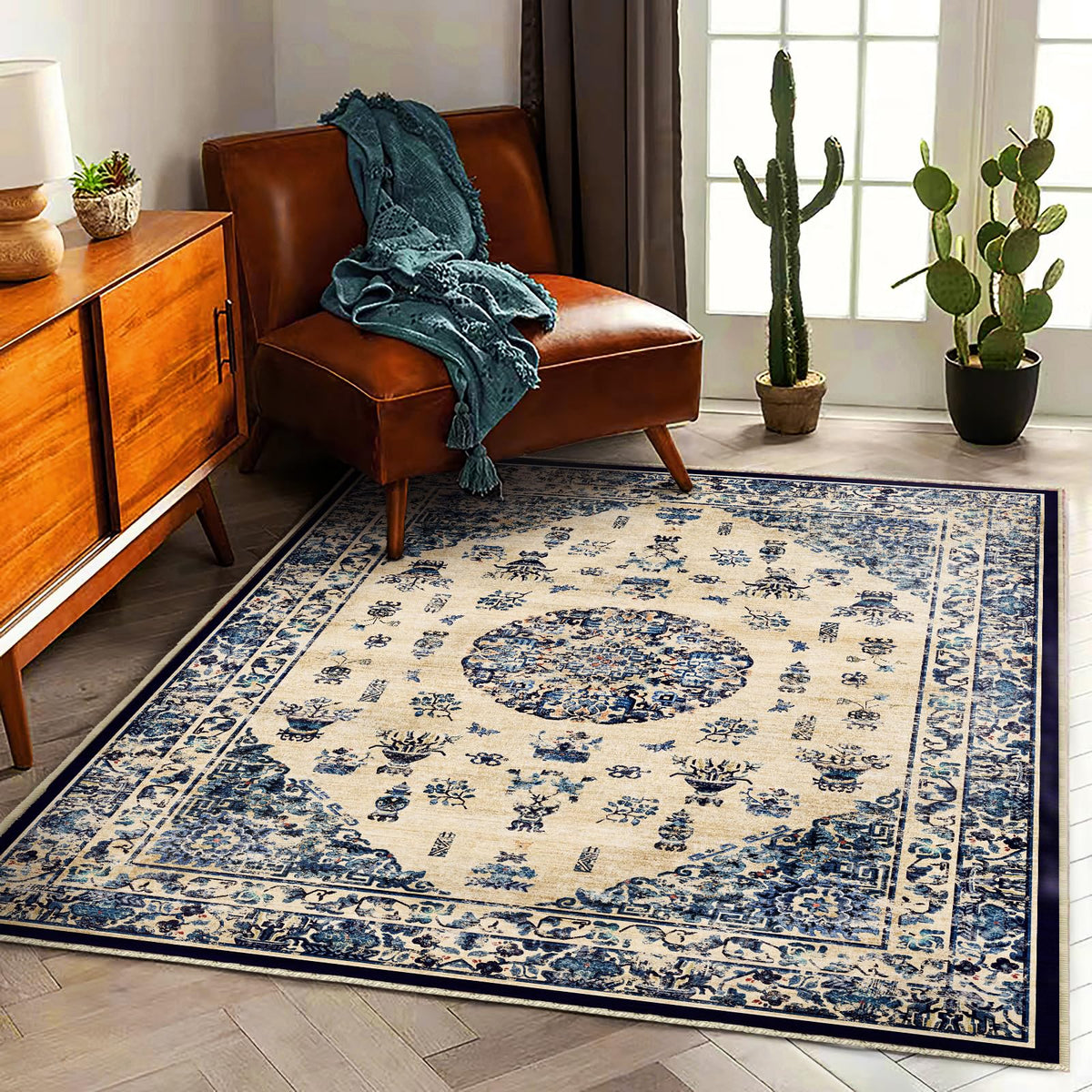 CHAMPLANT Area Rug 4x6 Washable Rug Gray Vintage Traditional Floor Cover Foldable Thin Retro Accent Indoor Distressed Non Slip Carpet Floral Print Mat Bedroom Living Room Bathroom