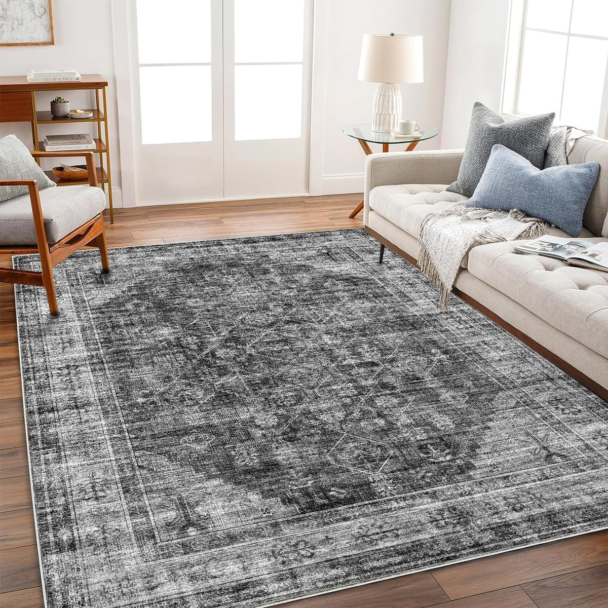 CHAMPLANT Area Rug 4x6 Washable Rug Gray Vintage Traditional Floor Cover Foldable Thin Retro Accent Indoor Distressed Non Slip Carpet Floral Print Mat Bedroom Living Room Bathroom