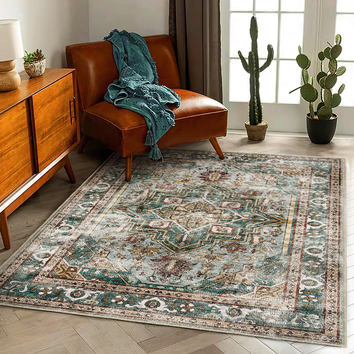 CHAMPLANT Area Rug 4x6 Washable Rug Gray Vintage Traditional Floor Cover Foldable Thin Retro Accent Indoor Distressed Non Slip Carpet Floral Print Mat Bedroom Living Room Bathroom