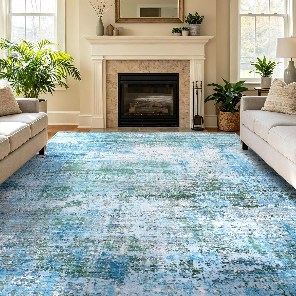5x7 Area Rugs Living Room Rug Abstract Washable Rug Non-Slip Soft Low Pile Indoor Floor Stain Resistant Thin Carpet for Bedroom Dining Room Home Office Farmhouse Nursery - Light Gray & Cream 5' x 7'