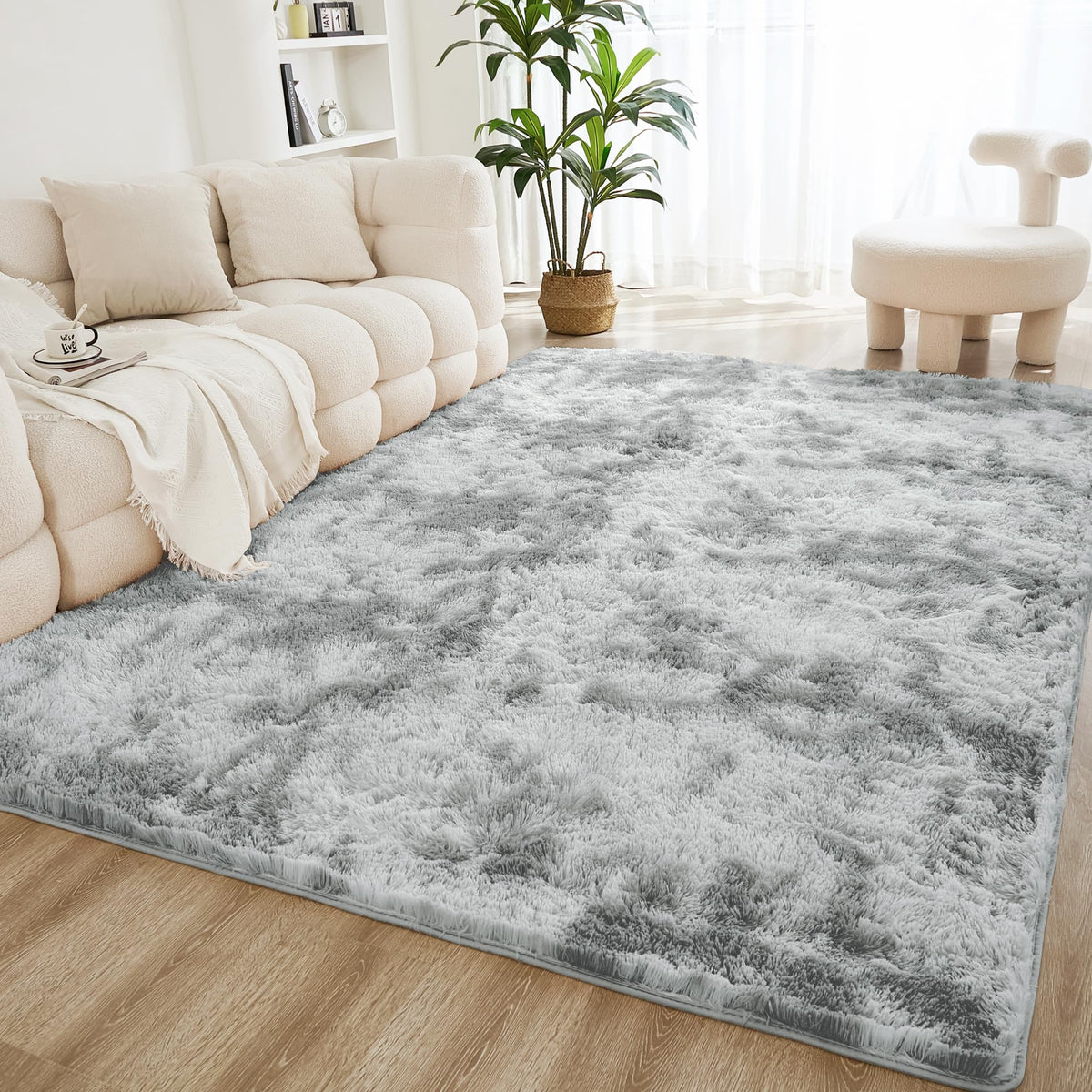 Litanika 4x6 Shag Area Rug for Bedroom, Tie-Dyed Beige Plush Rug