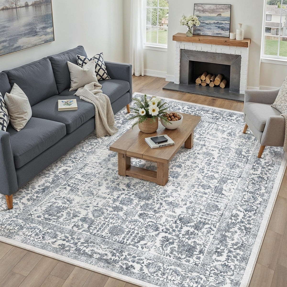 PureCozy Beige Area Rug 5x7 Vintage Farmhouse Floral