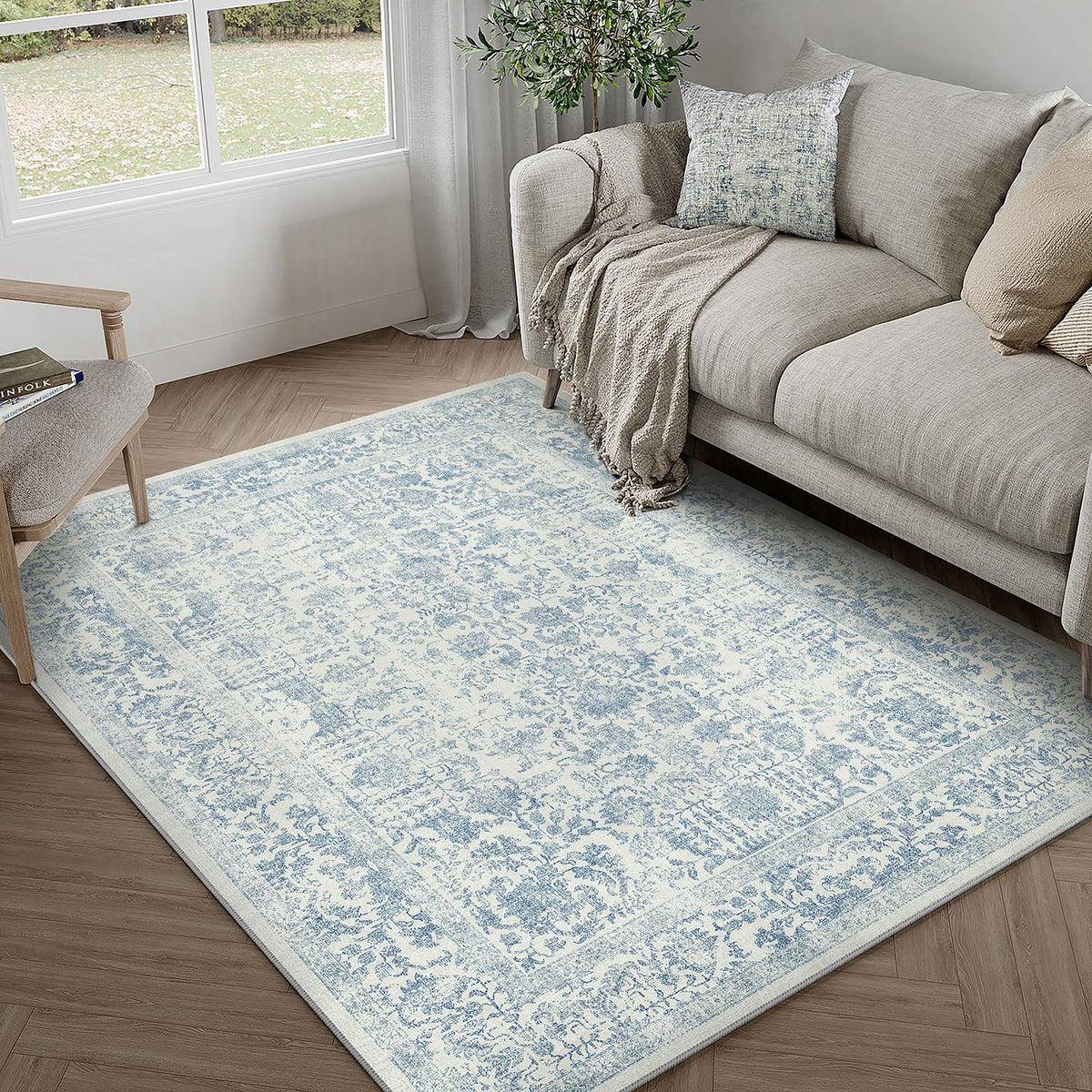 PureCozy Beige Area Rug 5x7 Vintage Farmhouse Floral