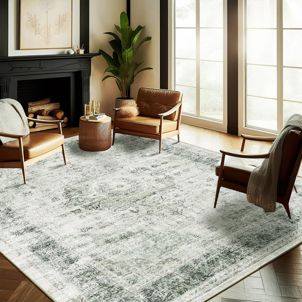 CHAMPLANT Area Rug 4x6 Washable Rug Gray Vintage Traditional Floor Cover Foldable Thin Retro Accent Indoor Distressed Non Slip Carpet Floral Print Mat Bedroom Living Room Bathroom