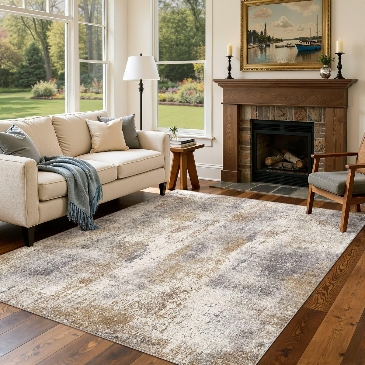 DMOYEST Area Rug Living Room Rugs 5x7 Washable Abstract Beige Blue Carpet