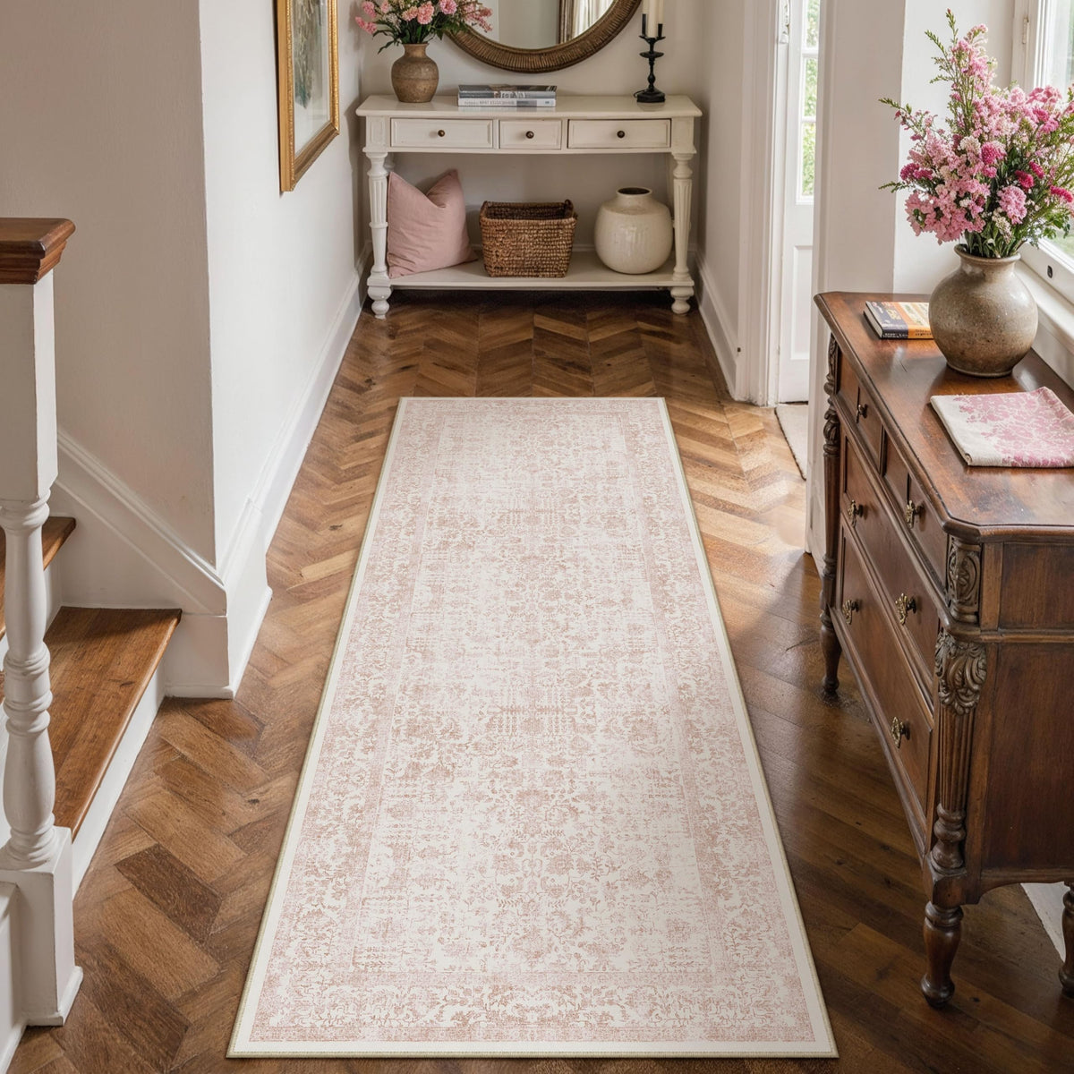 PureCozy Beige Area Rug 5x7 Vintage Farmhouse Floral