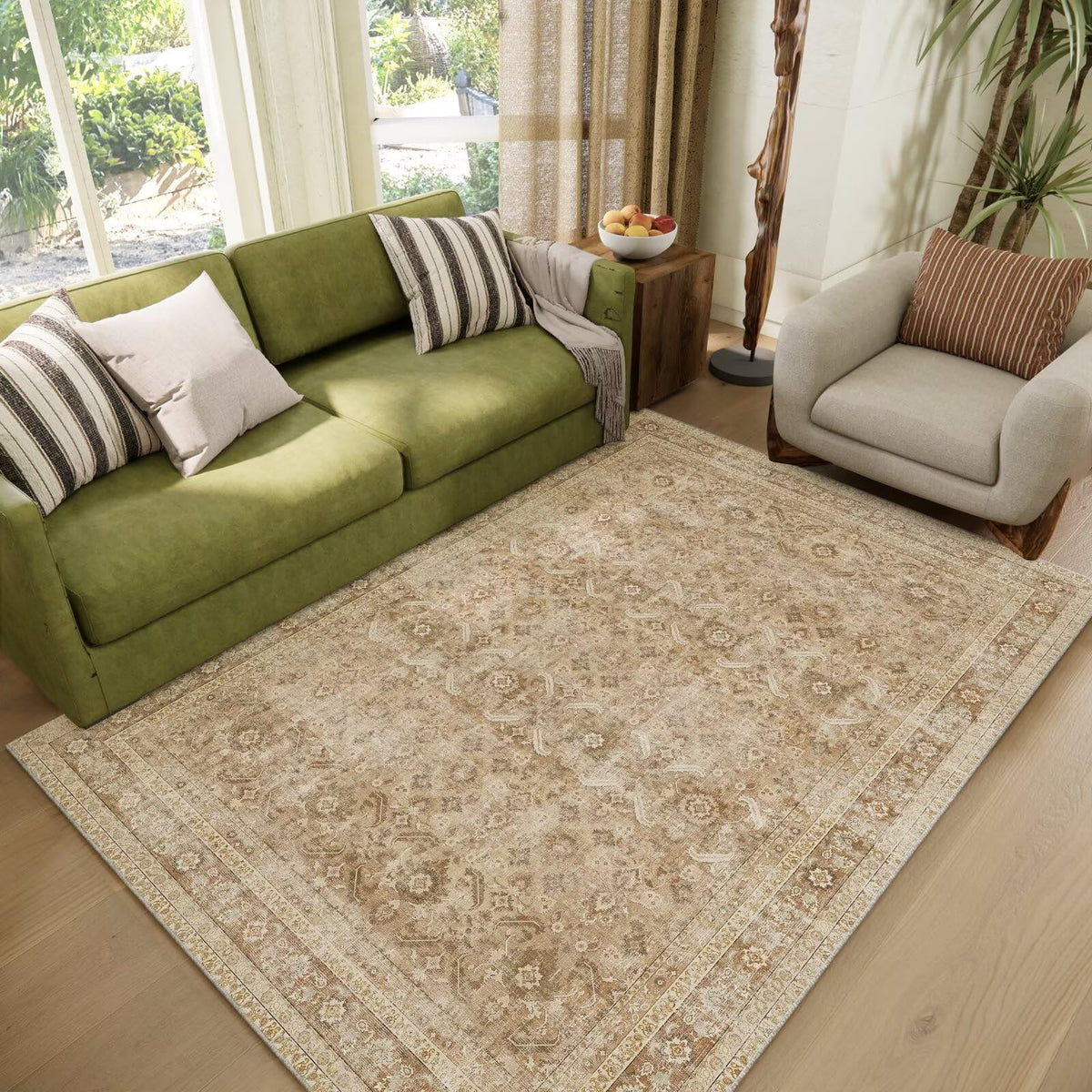 Washable 10x14 Area Rugs for Living Room, Ivory/Sage Gold