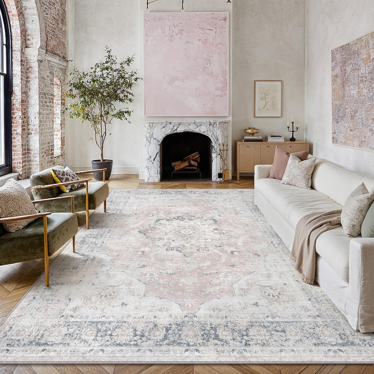 PureCozy 5x7 Beige Area Rug for Living Room Vintage Distressed