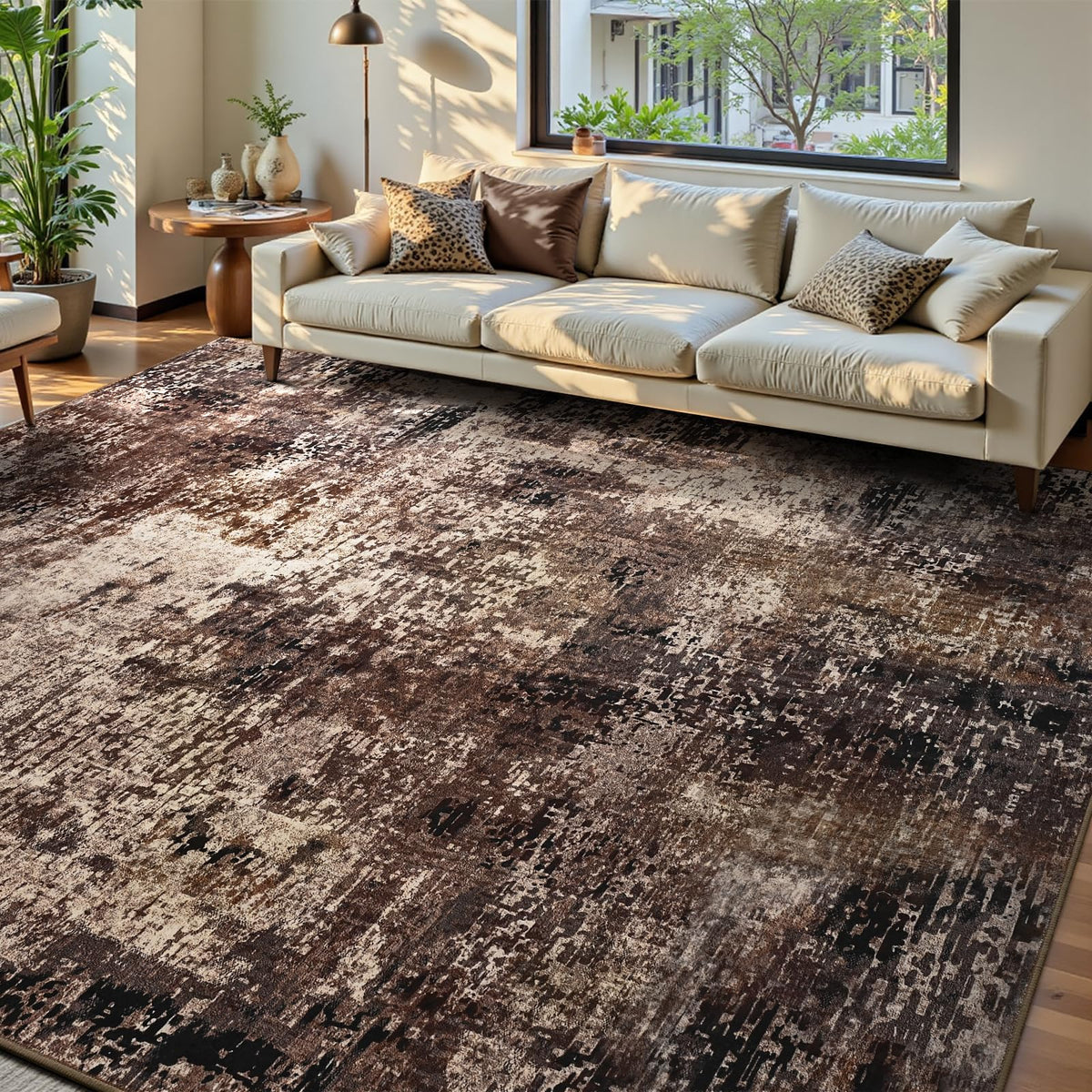 Living Room Rug 5x7 Gray Area Rug Machine Washable Boho Rug Non Slip Abstract Vintage Indoor Large Rugs for Bedroom, Classroom, College Dorm, Farmhouse, Dining Room, Kids Playroom