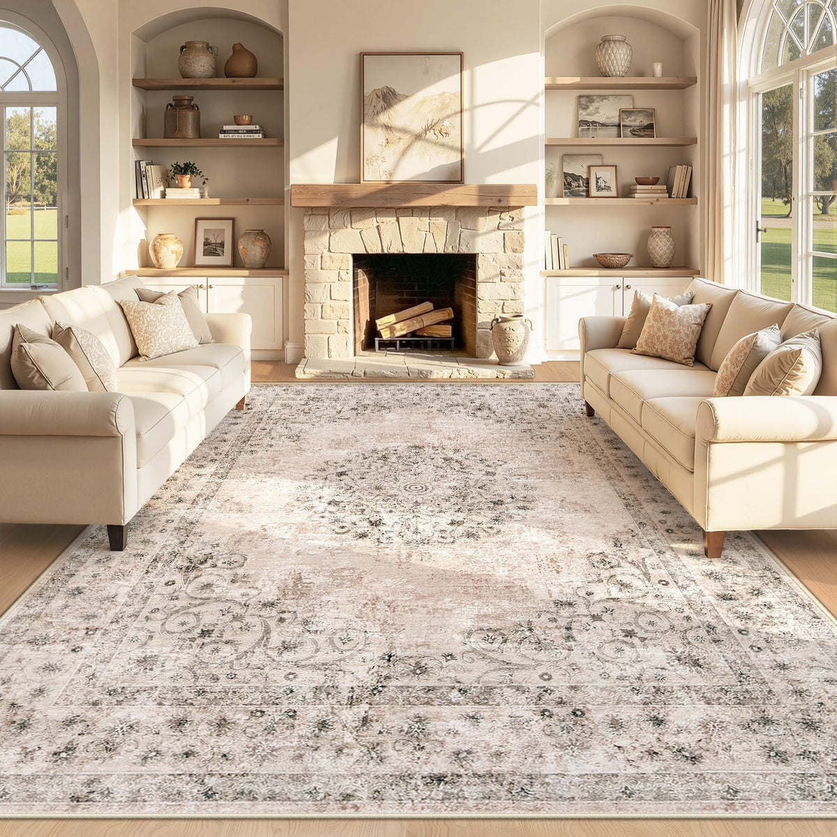 Area Rug 5x7 Vintage Rug: Washable Indoor Medallion Rugs Low Pile Distressed Floor Carpet Retro Accent Rug for Living Room Bedroom Kitchen Dining Table Home Office(Beige, 5'x7')
