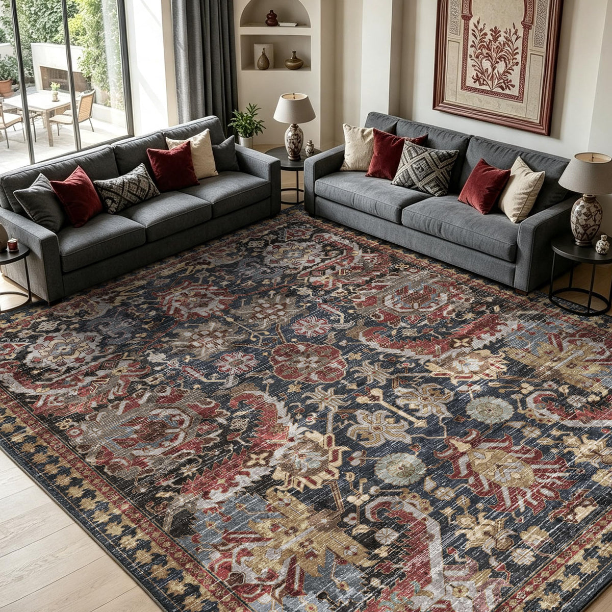 RUGSURE Washable Area Rug - 1/6 Thick - Stain & Water Resistant Non-Slip - Resistant Rug for Living Room, Bedroom, Nursery, Pet & Child Friendly, Vintage Charm Area Rugs (Grey+LightTeal, 3' x 5 ')