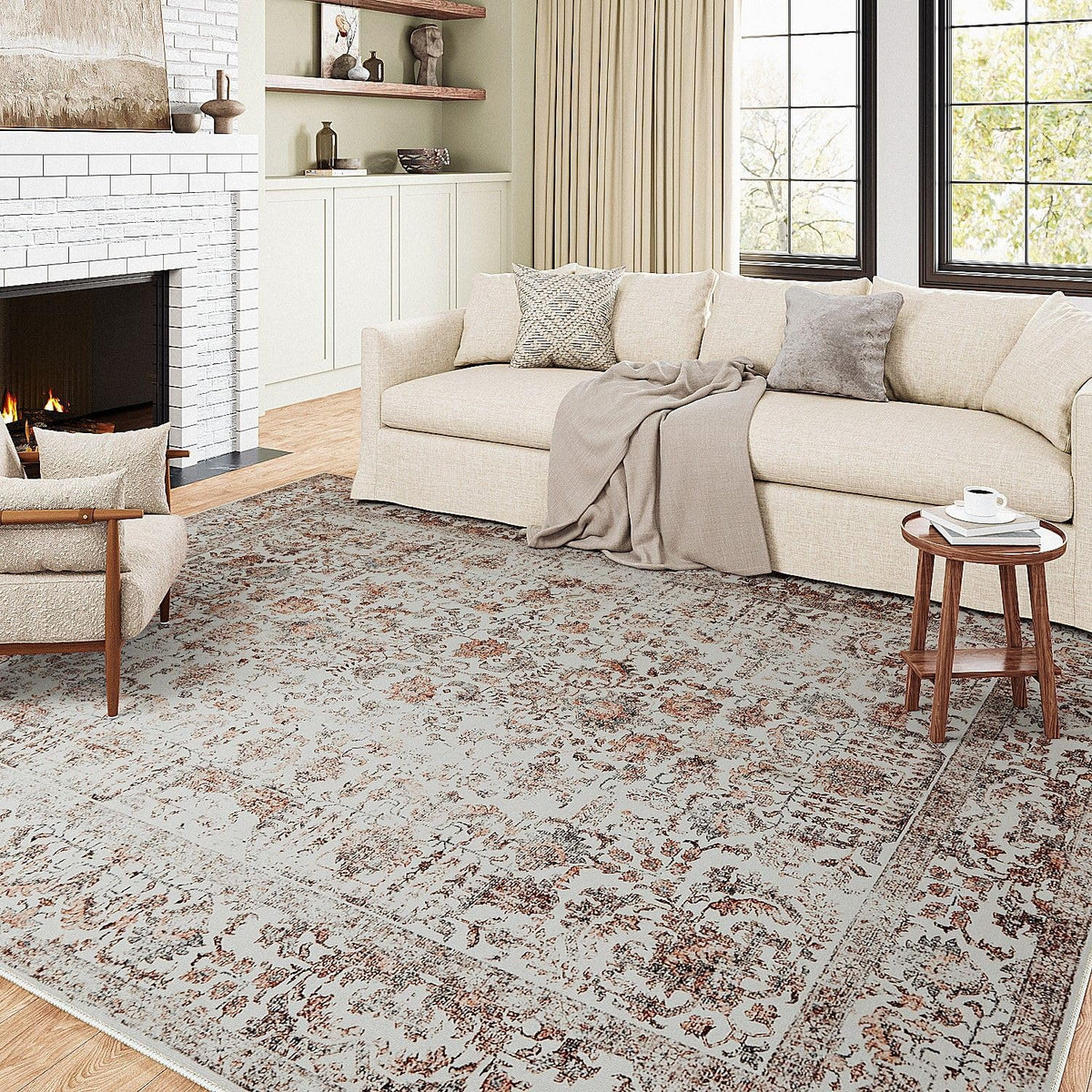 PureCozy Beige Area Rug 5x7 Vintage Farmhouse Floral