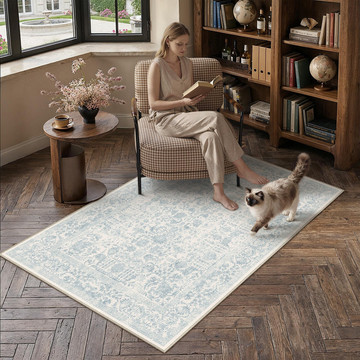 PureCozy Beige Area Rug 5x7 Vintage Farmhouse Floral