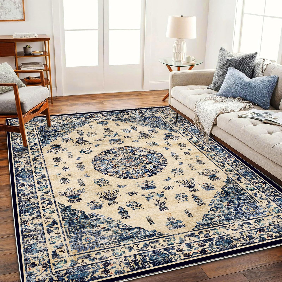 CHAMPLANT Area Rug 4x6 Washable Rug Gray Vintage Traditional Floor Cover Foldable Thin Retro Accent Indoor Distressed Non Slip Carpet Floral Print Mat Bedroom Living Room Bathroom