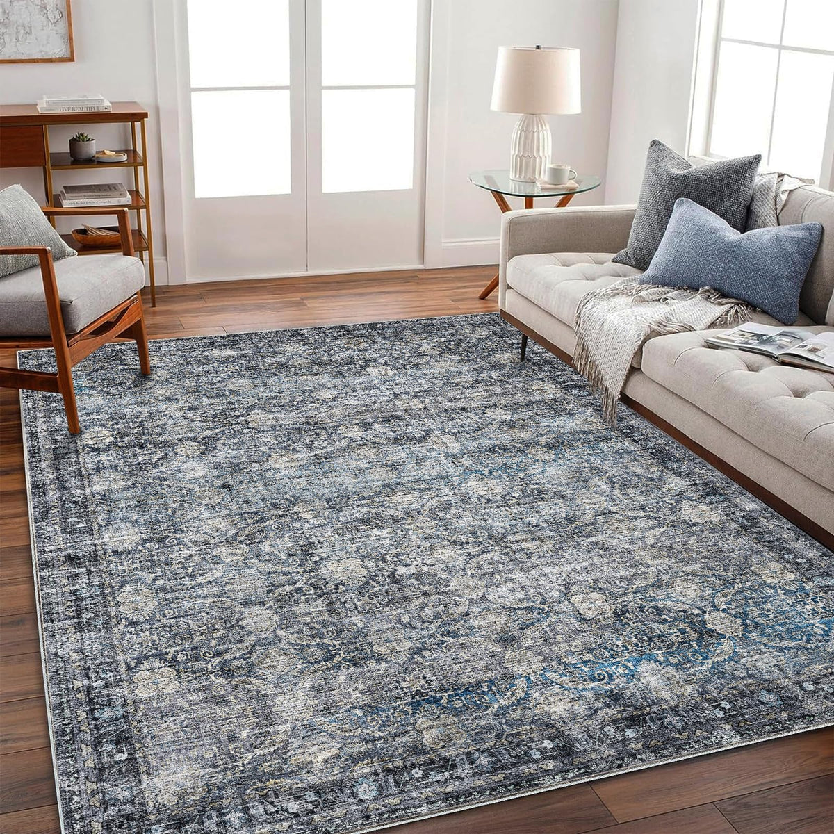 CHAMPLANT Area Rug 4x6 Washable Rug Gray Vintage Traditional Floor Cover Foldable Thin Retro Accent Indoor Distressed Non Slip Carpet Floral Print Mat Bedroom Living Room Bathroom