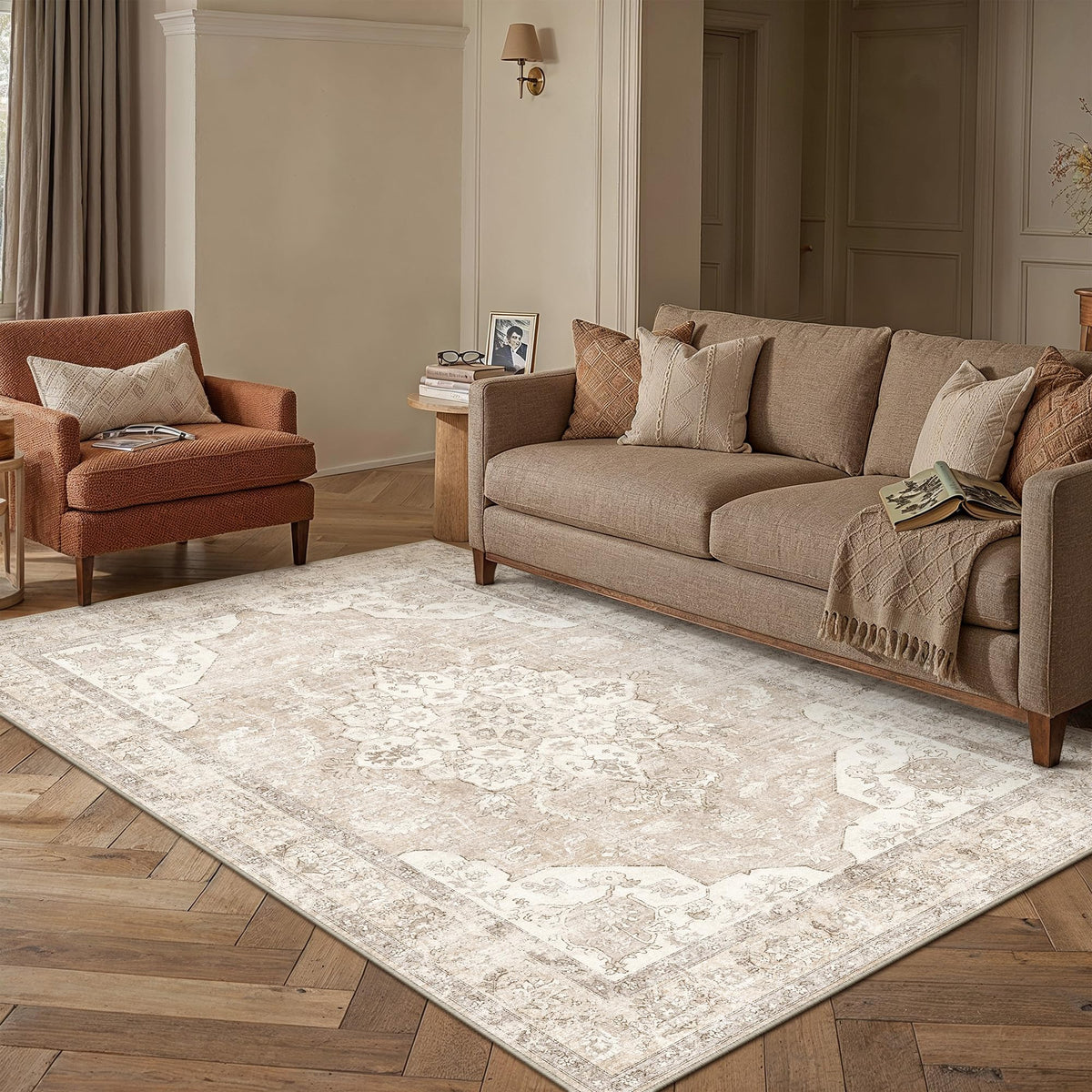PureCozy 5x7 Beige Area Rug for Living Room Vintage Distressed