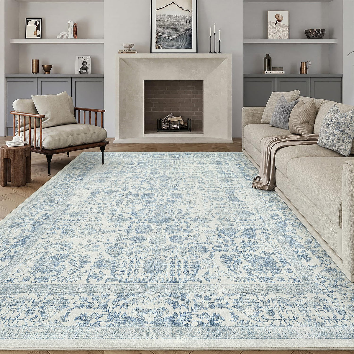 PureCozy Beige Area Rug 5x7 Vintage Farmhouse Floral